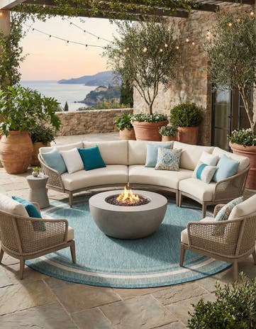 Teal Easy-Clean Border Indoor / Outdoor Round Rug
