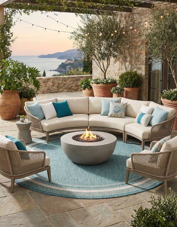 Teal Easy-Clean Border Indoor / Outdoor Round Rug