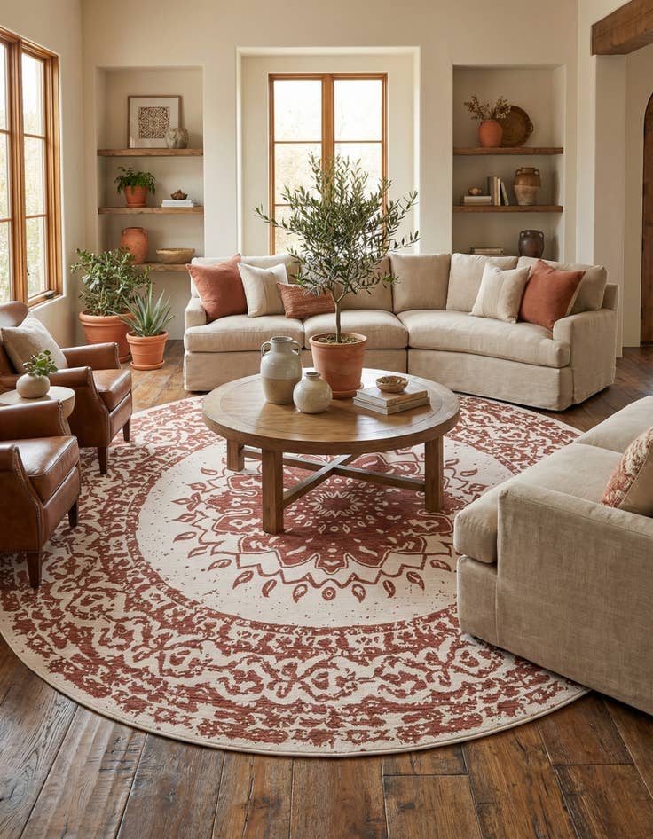 Detail image of 12' x 12'  Washable Traditional Indoor / Outdoor Round Rug