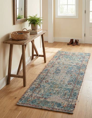 Teal blue Hand Woven Chenille Jute Runner Rug