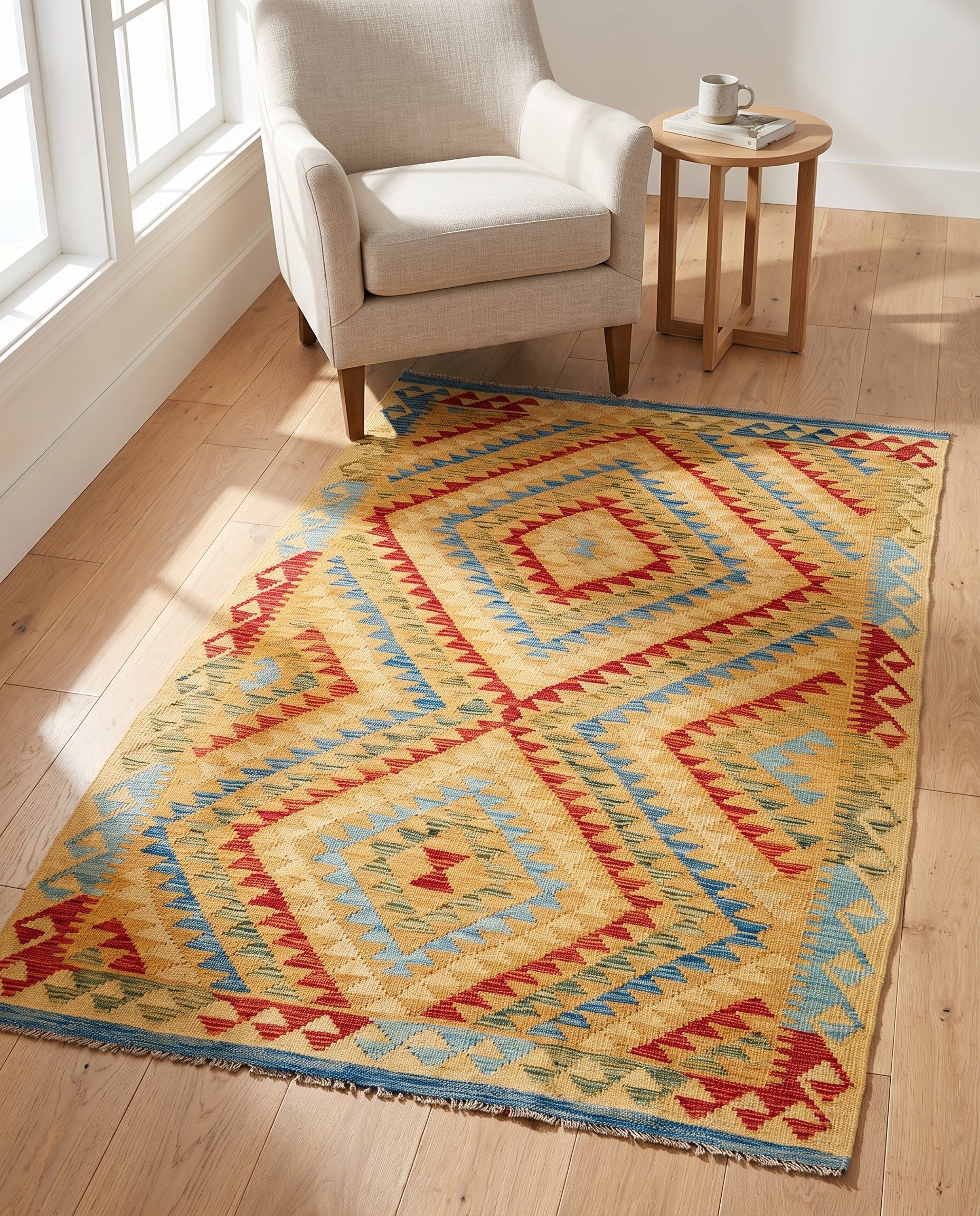 3' 9 x 6' 6 Hand Woven Kilim Maymana Wool Rug