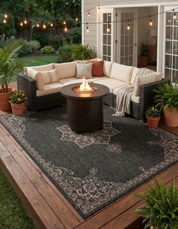 Charcoal Gray Easy-Clean Traditional Indoor / Outdoor Rug