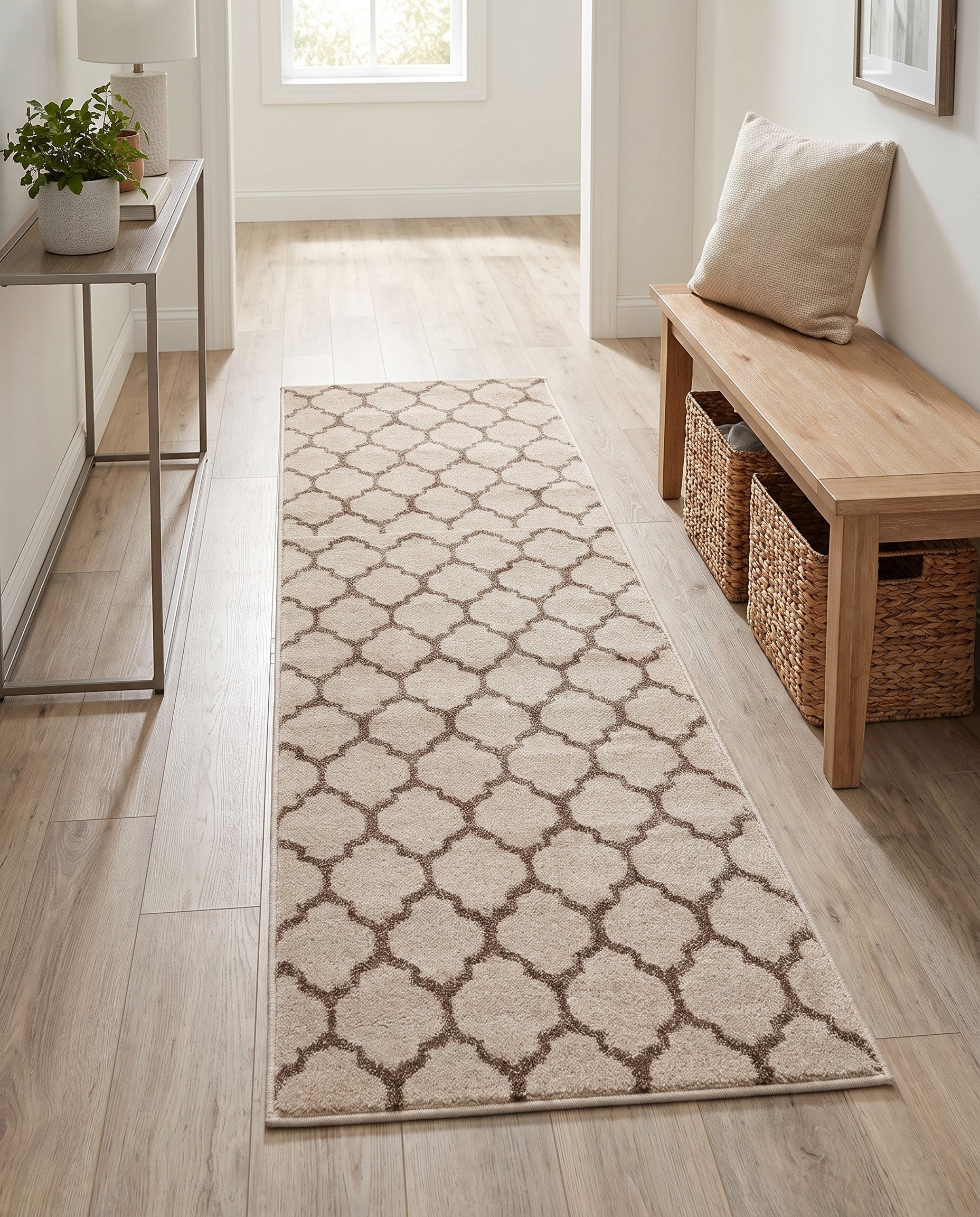 Beige and Light Brown Trellis Runner Rug