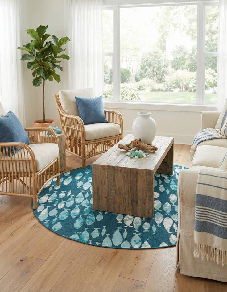 Detail image of  7' x 7'  Washable Coastal Indoor / Outdoor Round Rug