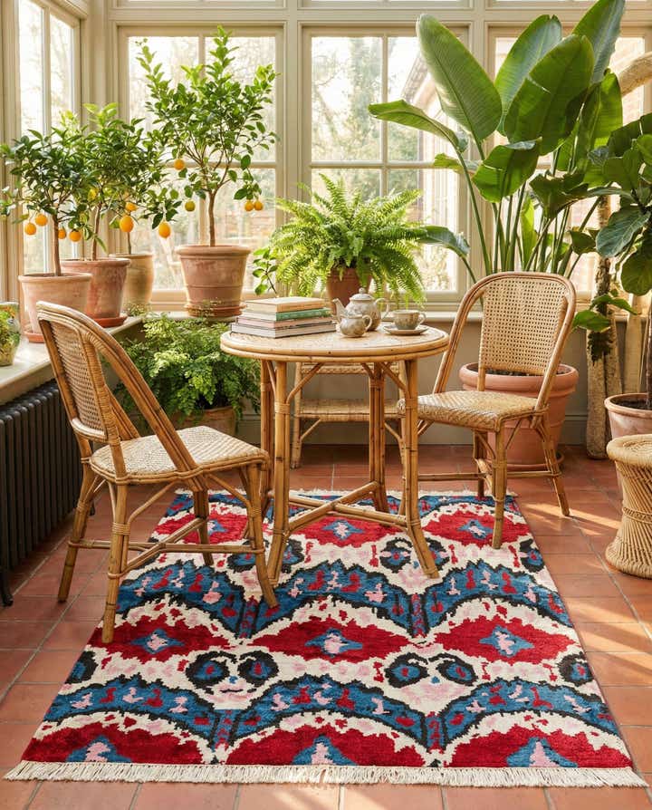 3' 4 x 4' 10 Hand Knotted Ikat Wool Rug