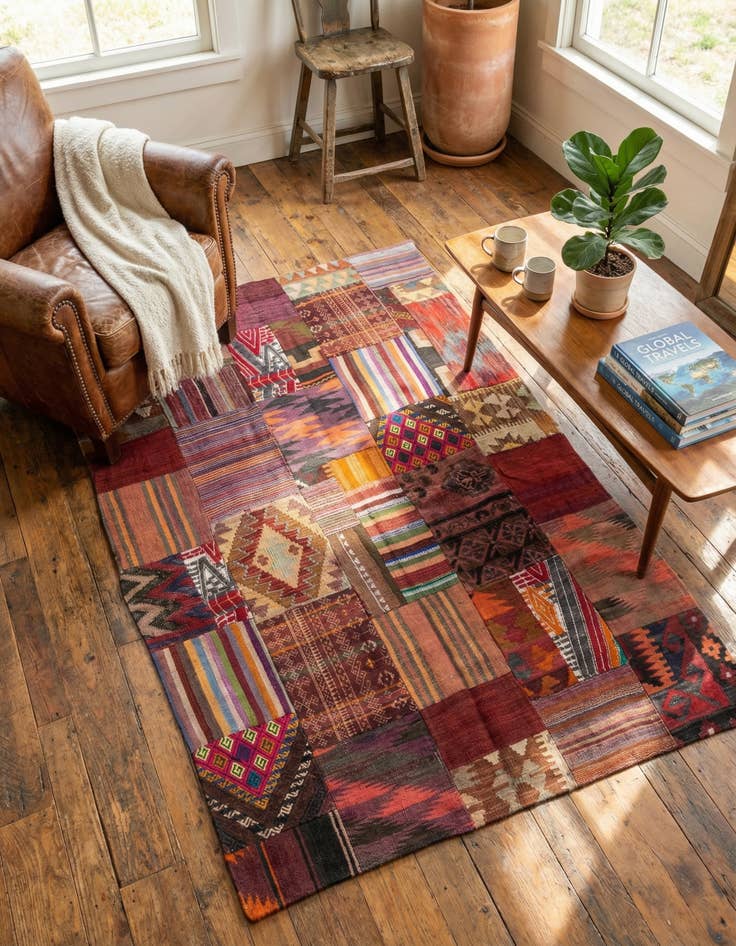 Detail image of  3' 10 x 5' 10  Hand Woven Kilim Patchwork Wool Rug