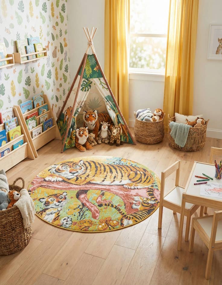 Detail image of 5' 1 x 5' 1 Tiger Whimsy Kids Round Rug