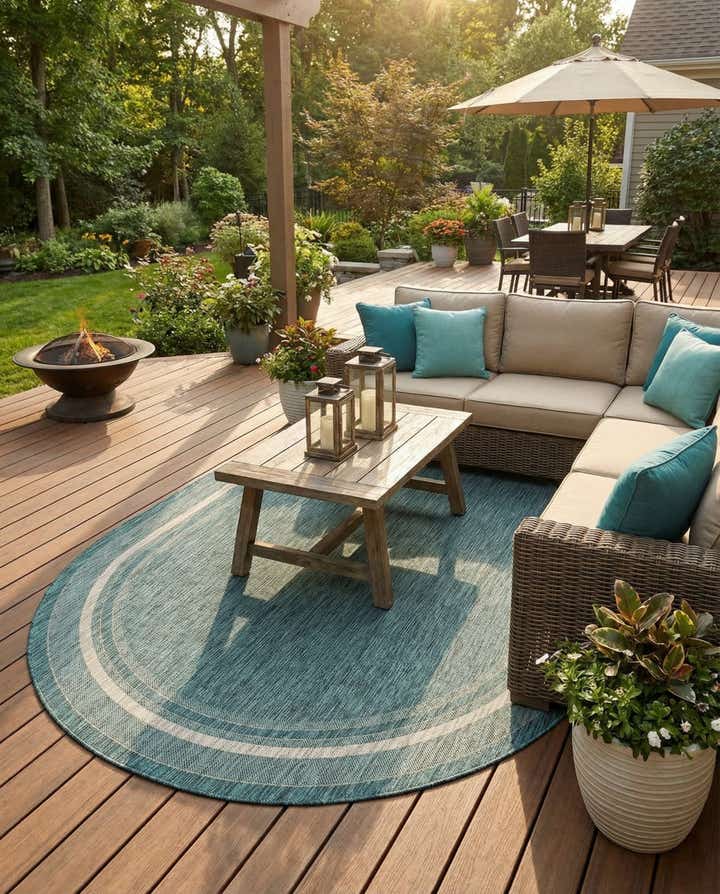 7' 10 x 10' Easy-Clean Border Indoor / Outdoor Oval Rug