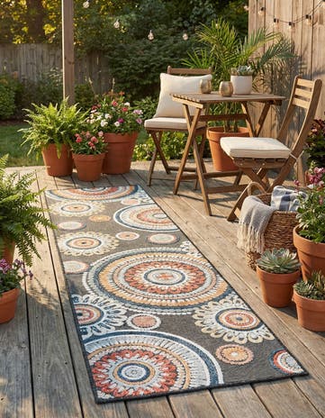 Black Easy-Clean Botanical Indoor / Outdoor Runner Rug