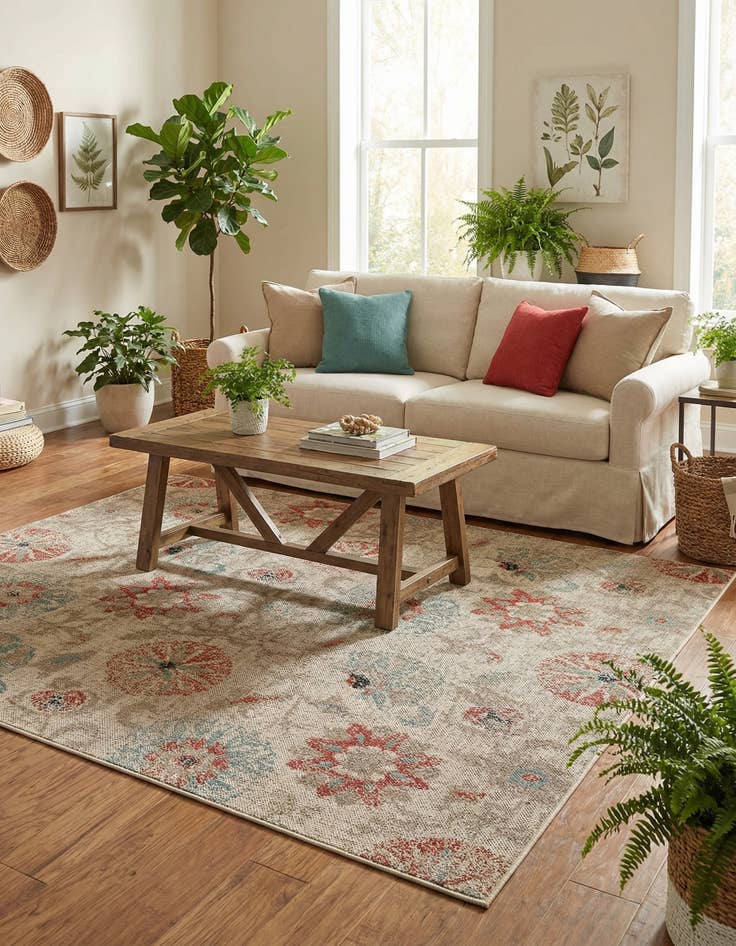 Detail image of  7' 10 x 7' 10  Washable Botanical Indoor / Outdoor Square Rug