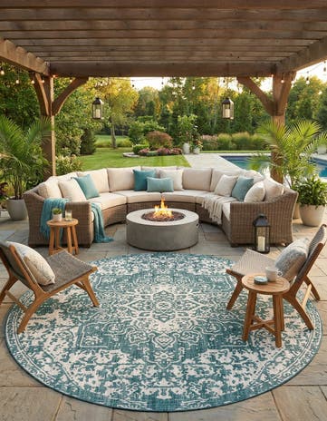 Teal Easy-Clean Jill Zarin Dubai Indoor / Outdoor Round Rug
