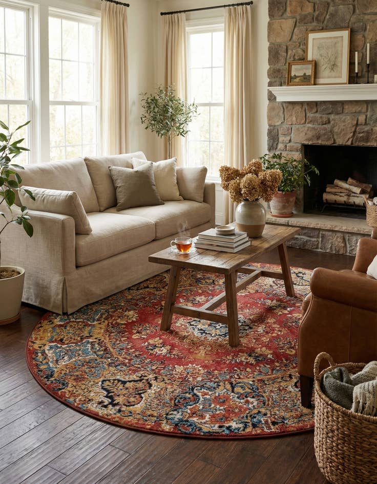 Detail image of 6' x 6' Easy-Clean Traditional Indoor / Outdoor Round Rug