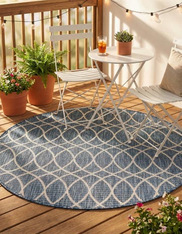 Blue Easy-Clean Lattice Indoor / Outdoor Round Rug
