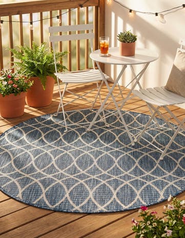 Blue Easy-Clean Lattice Indoor / Outdoor Round Rug