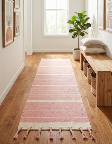 Pink and White Hand Woven Chindi Cotton Runner Rug
