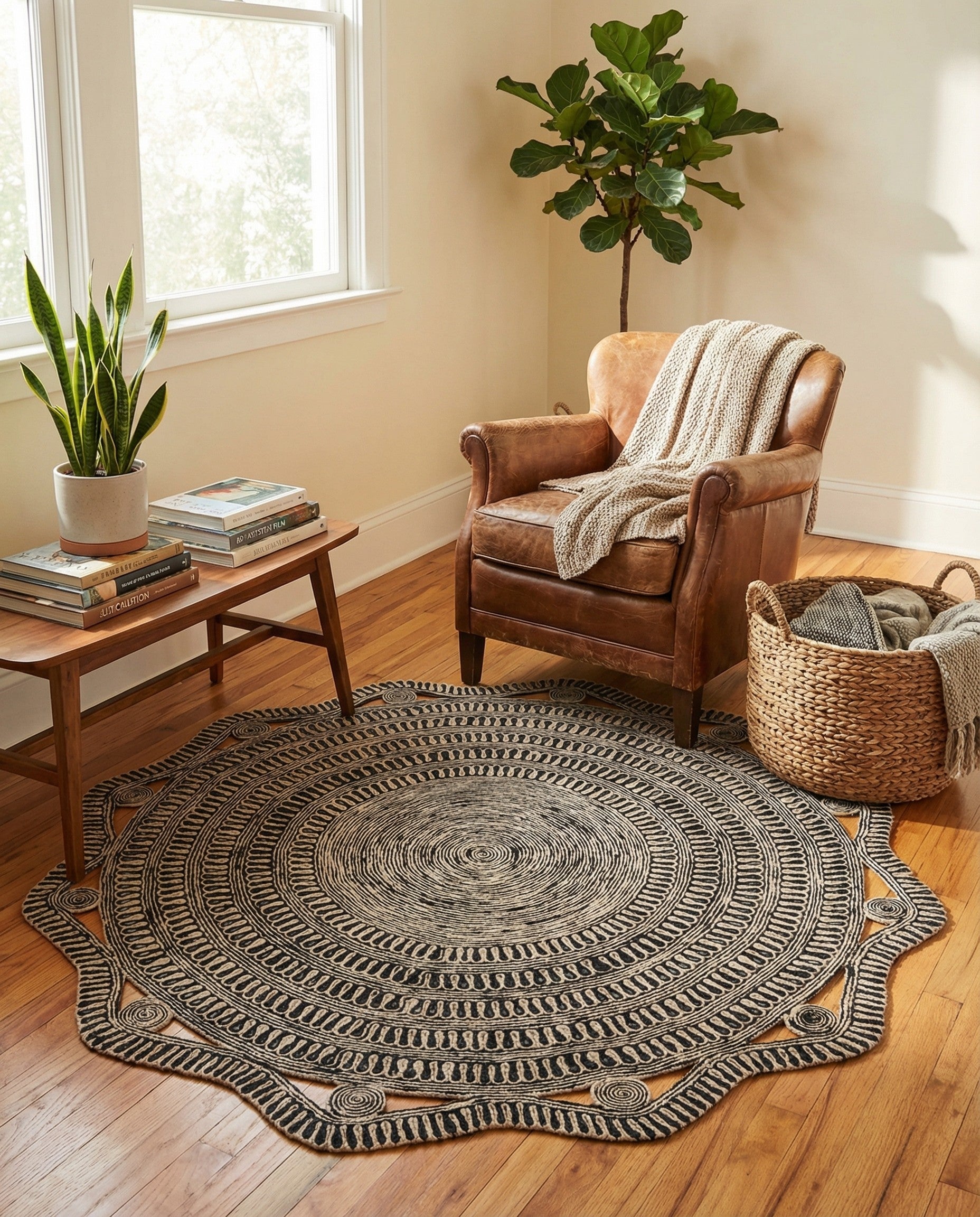 A round 7' 10 x 7' 10 black and white braided jute rug with a modern, textured striped pattern and a scalloped edge.