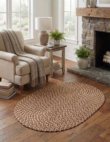 Light Brown Handmade Tweed Braided Jute Oval Rug