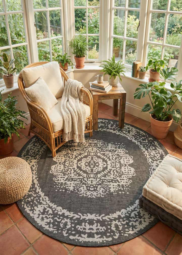 7' 10 x 7' 10 Easy-Clean Traditional Indoor / Outdoor Round Rug