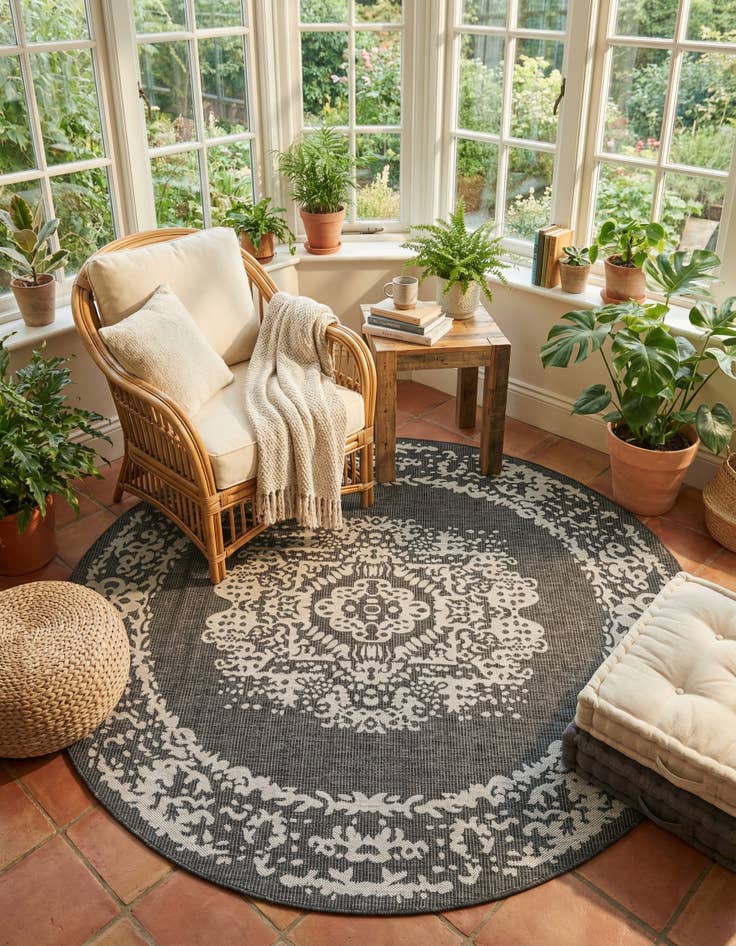 Detail image of 7' 10 x 7' 10 Easy-Clean Traditional Indoor / Outdoor Round Rug