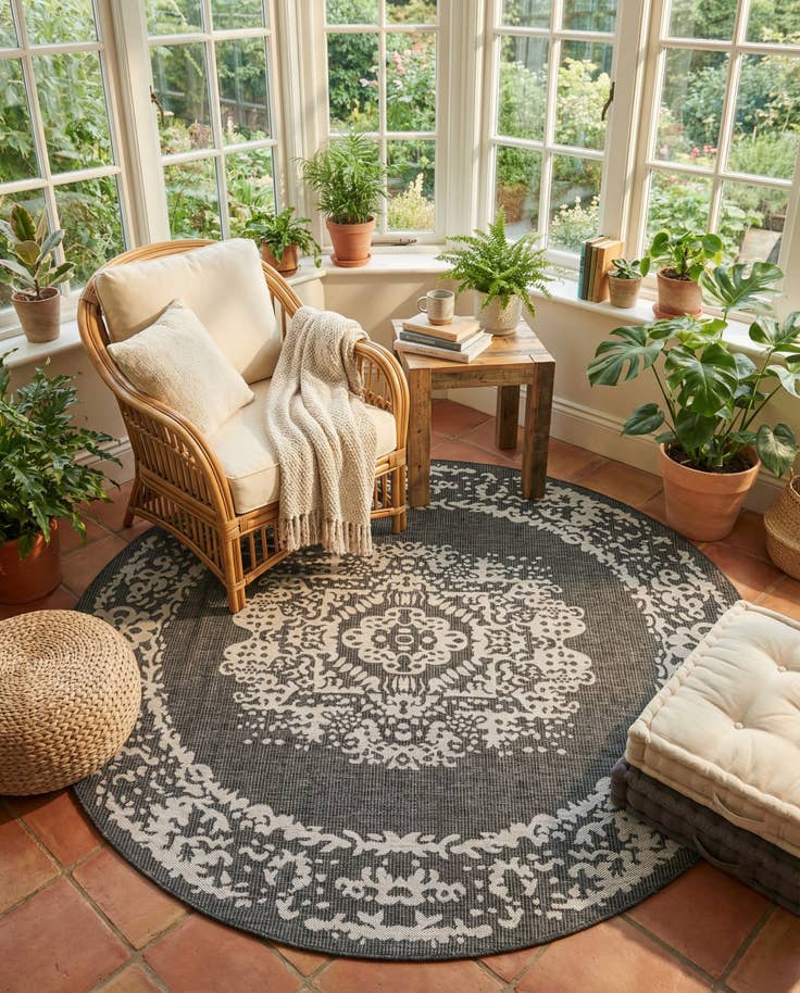Detail image of 7' 10 x 7' 10 Easy-Clean Traditional Indoor / Outdoor Round Rug