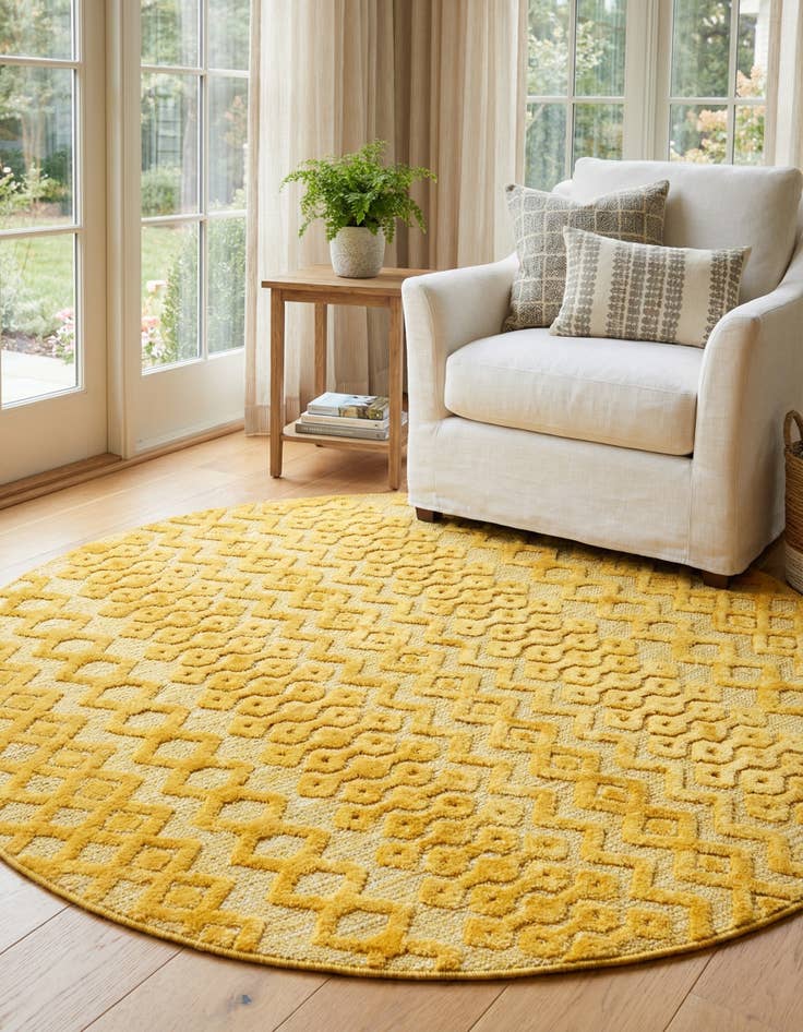 Detail image of  7' x 7'  Washable Trellis Textured Indoor / Outdoor Round Rug