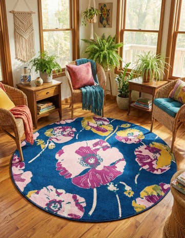 Navy Blue Bloom Round Rug