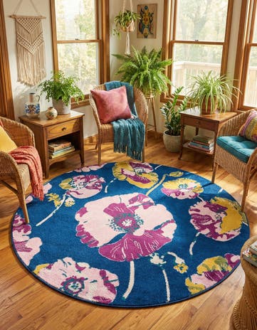 Navy Blue Bloom Round Rug