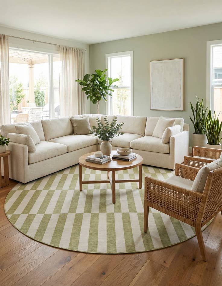 Detail image of 13' x 13'  Washable Striped Indoor / Outdoor Round Rug