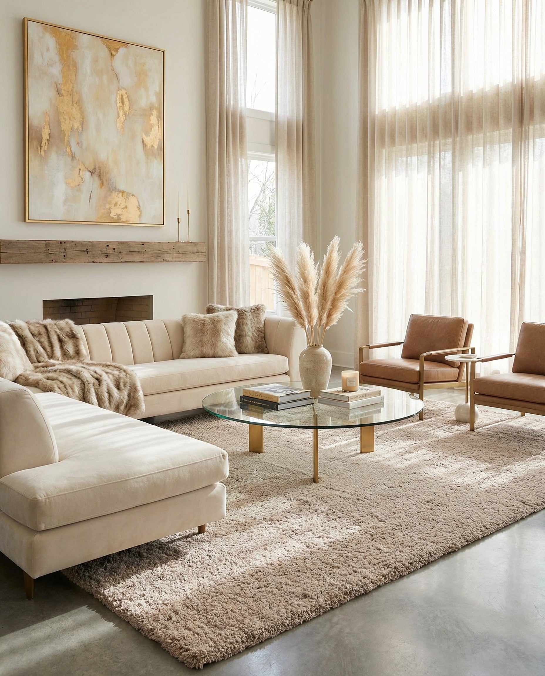 A large 10x14 rectangular Marilyn Monroe Shag rug in a soft tan/cream color, featuring a plush, textured pile.