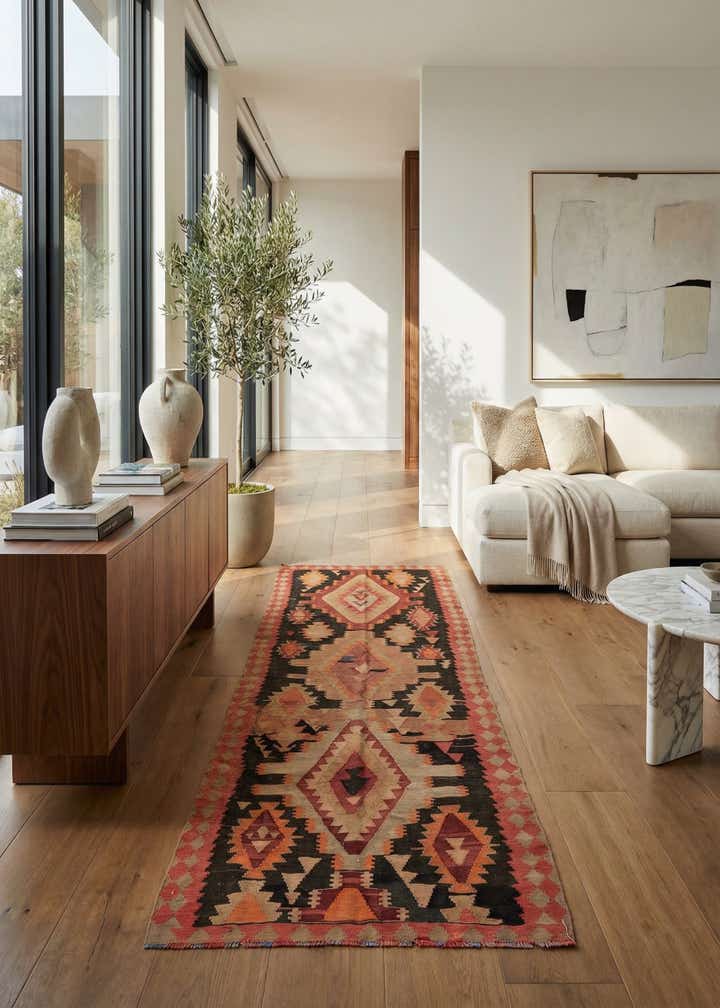 4' 4 x 12' 2 Hand Woven Kilim Modern Wool Runner Rug