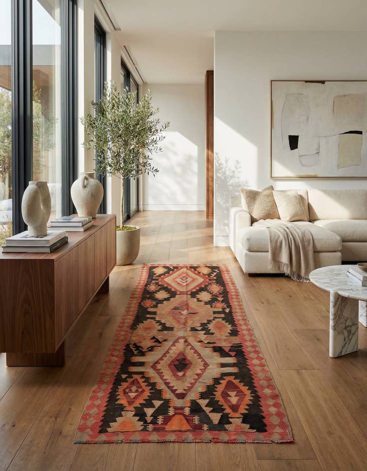 Detail image of 4' 4 x 12' 2  Hand Woven Kilim Modern Wool Runner Rug