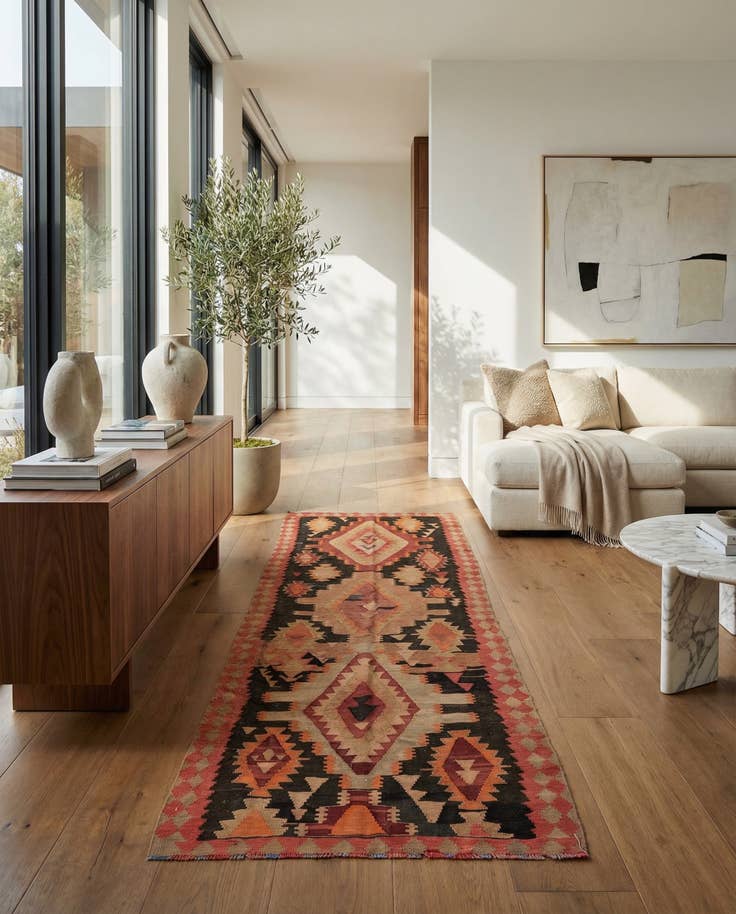 Detail image of 4' 4 x 12' 2 Hand Woven Kilim Modern Wool Runner Rug