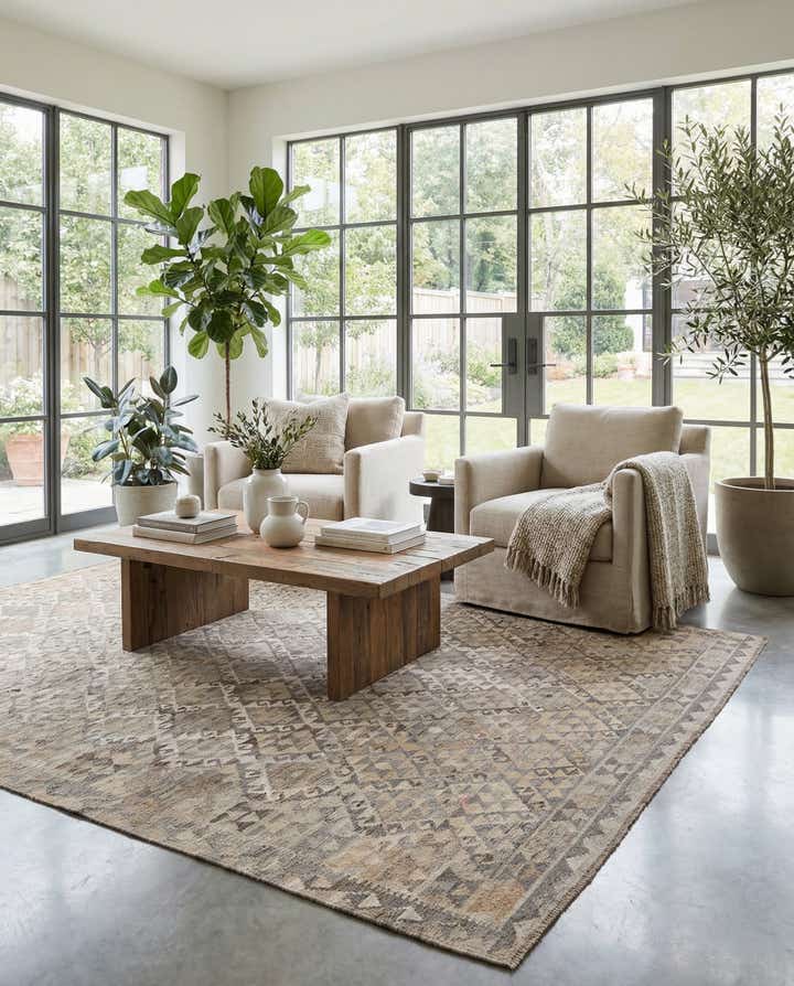 6' 9 x 9' 8 Hand Woven Kilim Maymana Wool Rug