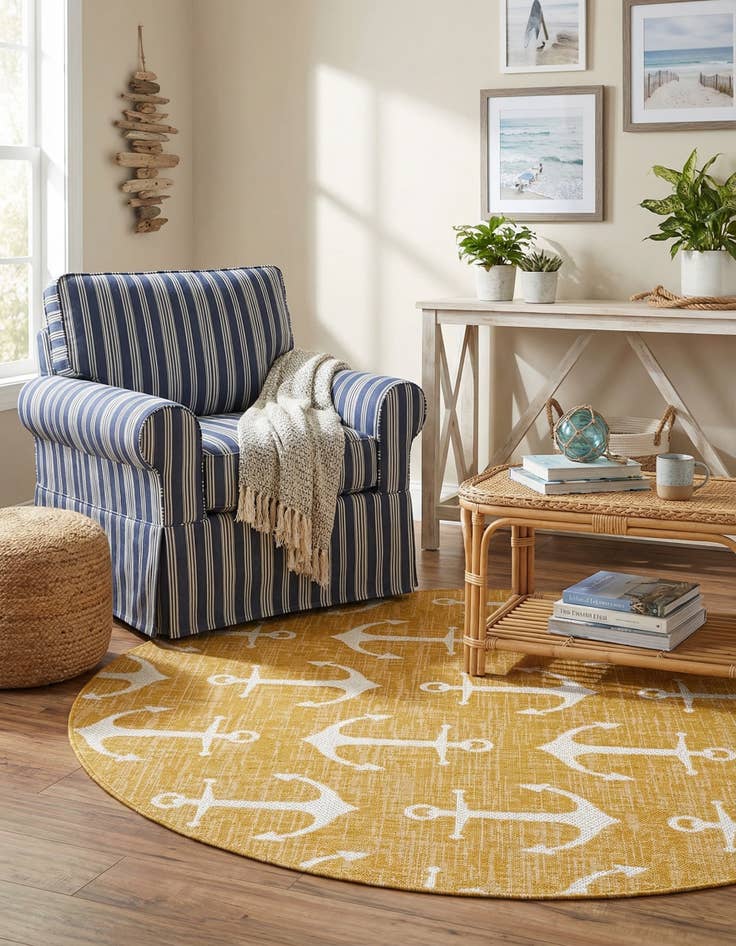 Detail image of 5' 3 x 5' 3  Washable Coastal Indoor / Outdoor Round Rug