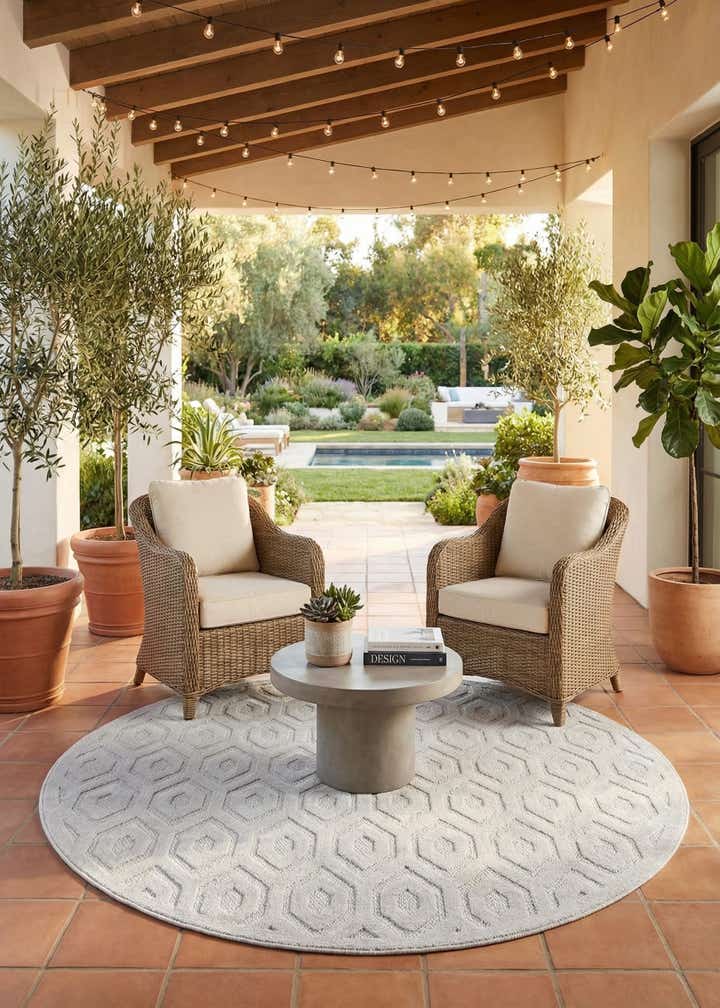 7' x 7' Easy-Clean Trellis Textured Indoor / Outdoor Round Rug