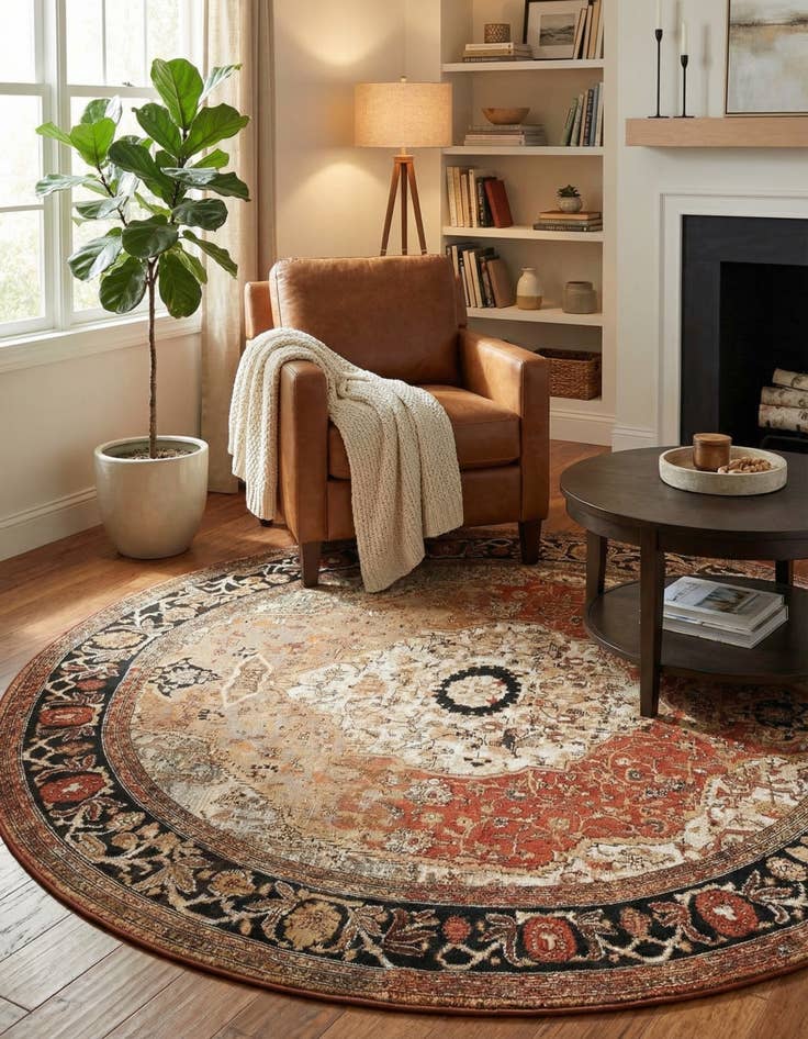 Detail image of 7' 10 x 7' 10  Washable Traditional Indoor / Outdoor Round Rug