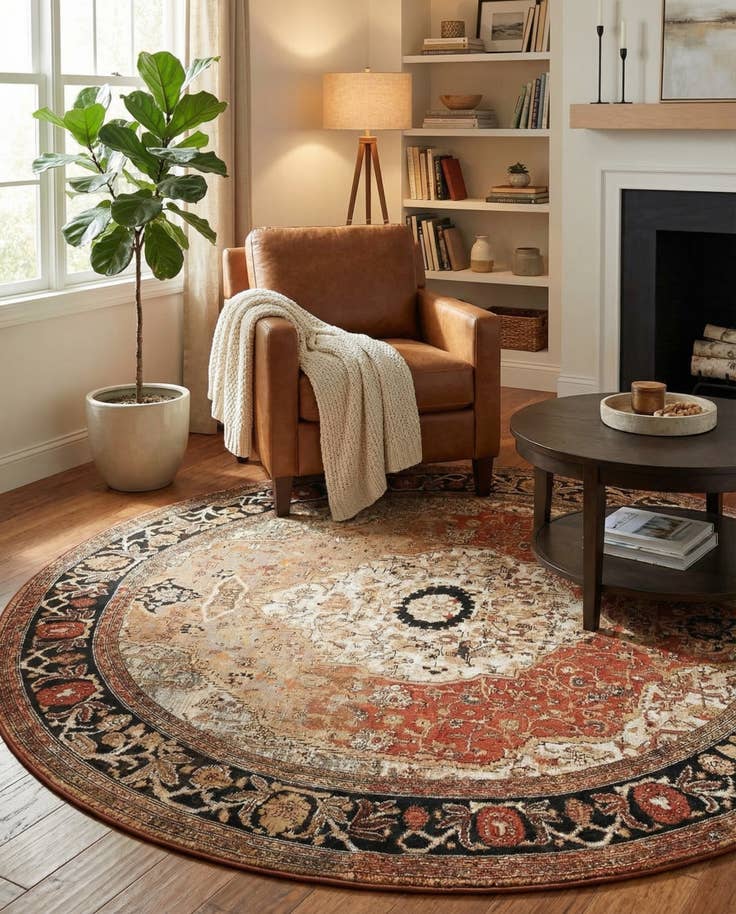 Detail image of 7' 10 x 7' 10 Easy-Clean Traditional Indoor / Outdoor Round Rug