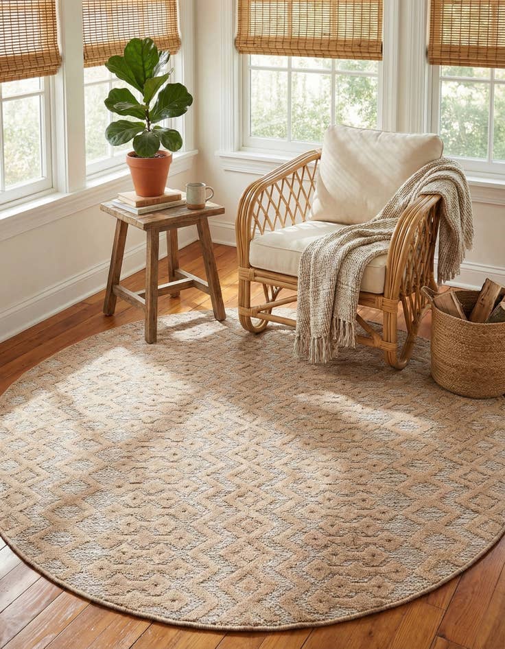 Detail image of  7' x 7'  Washable Trellis Textured Indoor / Outdoor Round Rug