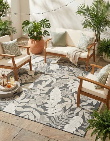 Black Easy-Clean Botanical Indoor / Outdoor Square Rug