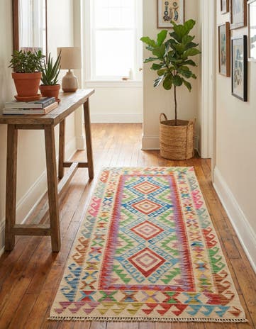 3' 4 x 6' 7 Hand Woven Kilim Maymana Wool Runner Rug
