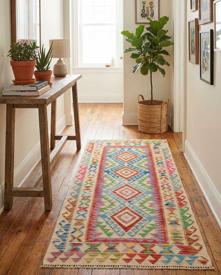 3' 4 x 6' 7 Hand Woven Kilim Maymana Wool Runner Rug