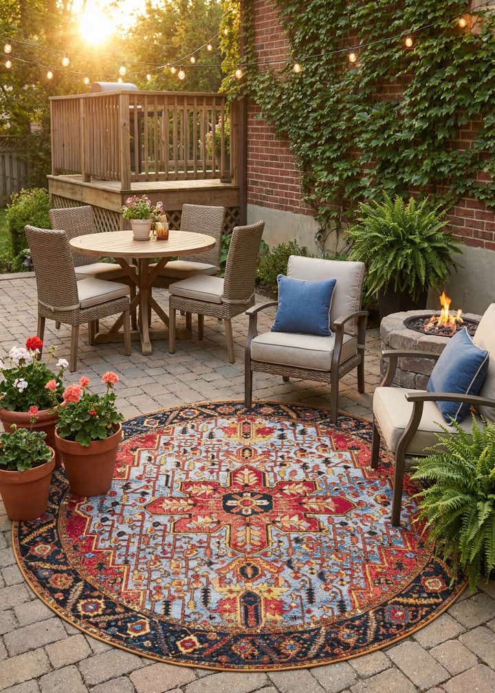 7' 10 x 7' 10 Easy-Clean Traditional Indoor / Outdoor Round Rug