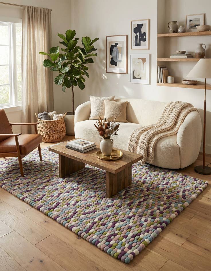 Detail image of  5' 1 x 8'  Hand Woven Felt Ball Wool Rug