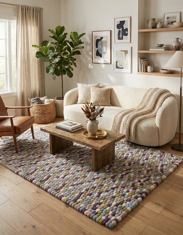 5' 1 x 8' Hand Woven Felt Ball Wool Rug
