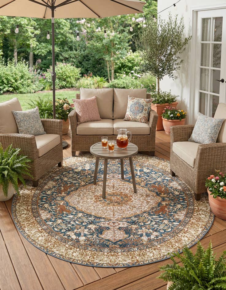 Detail image of 7' 10 x 7' 10 Easy-Clean Traditional Indoor / Outdoor Round Rug