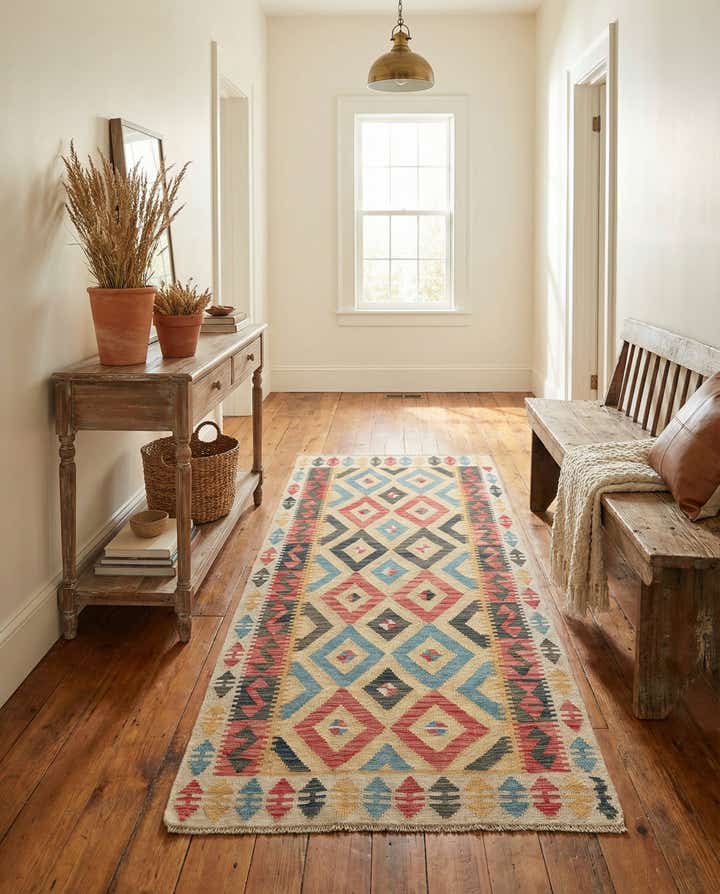 3' 4 x 6' 6 Hand Woven Kilim Maymana Wool Runner Rug
