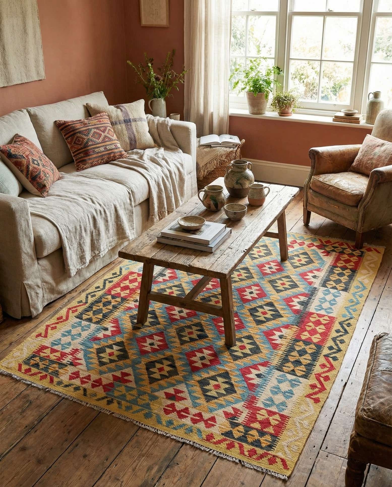4' 4 x 5' 9 Hand Woven Kilim Maymana Wool Rug