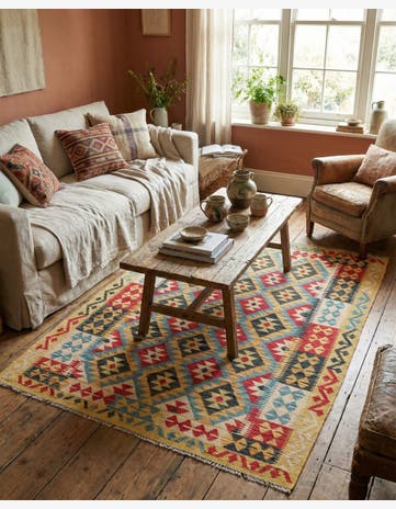 4' 4 x 5' 9 Hand Woven Kilim Maymana Wool Rug