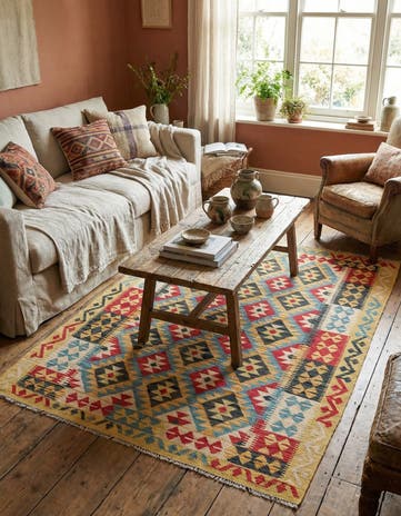 4' 4 x 5' 9 Hand Woven Kilim Maymana Wool Rug