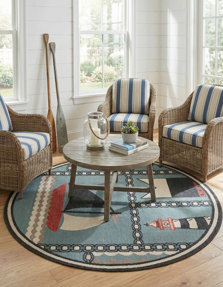 Detail image of 6' x 6' Easy-Clean Coastal Indoor / Outdoor Round Rug
